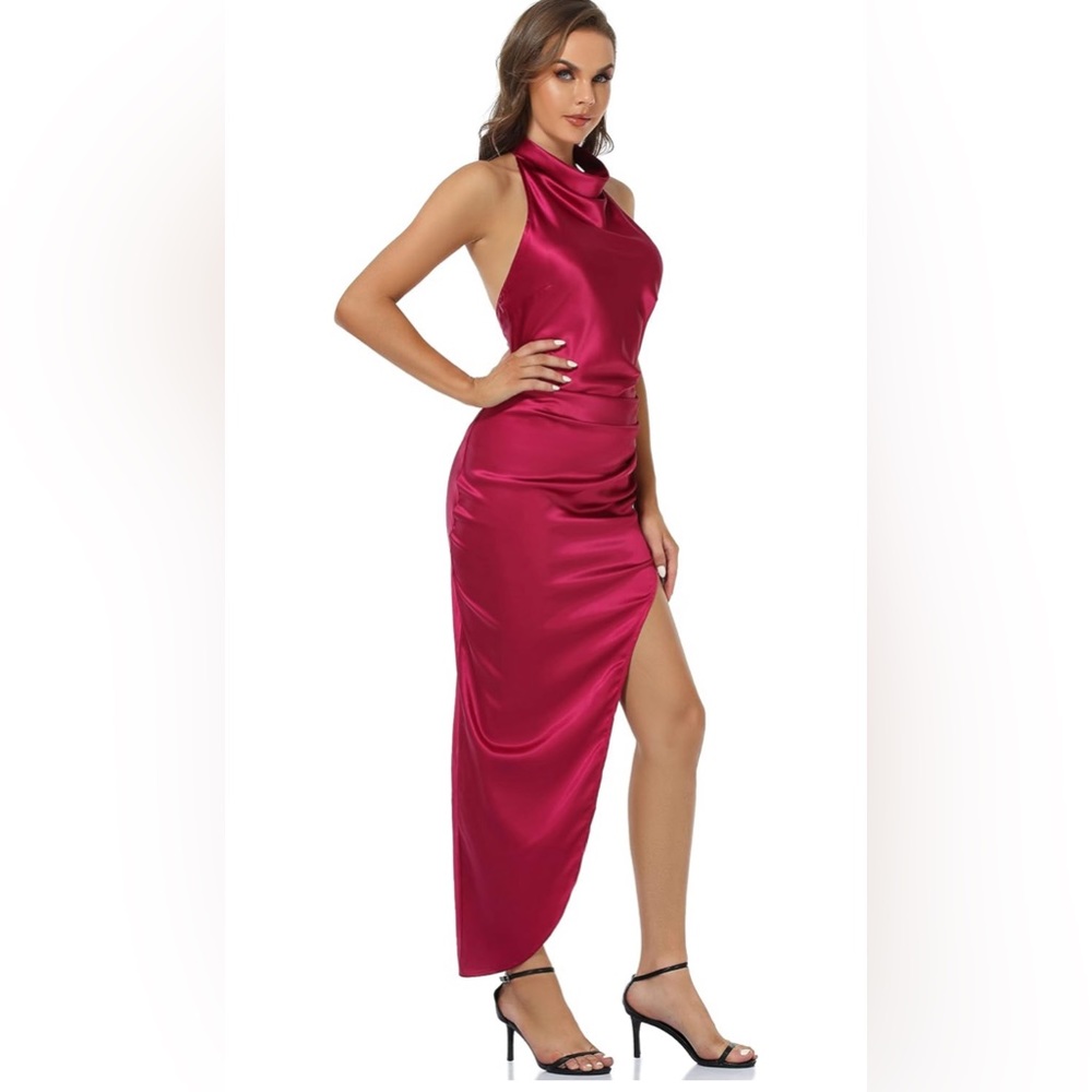 CMZ2005 Women Sexy Backless Elegant Halter Neck Satin Maxi Dress High Side slit - Picture 3 of 6